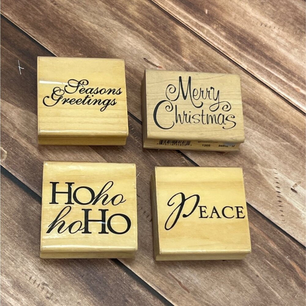 LOT OF 4 MOSTLY UNBRANDED HOLIDAY THEMED WOOD MOUNTED RUBBER STAMPS PEACE HO HO